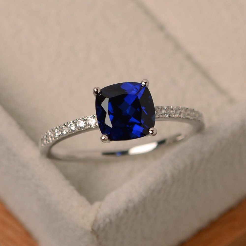 Sterling Silver Sapphire Diamond Cushion Cut Ring - Picture 3 of 4